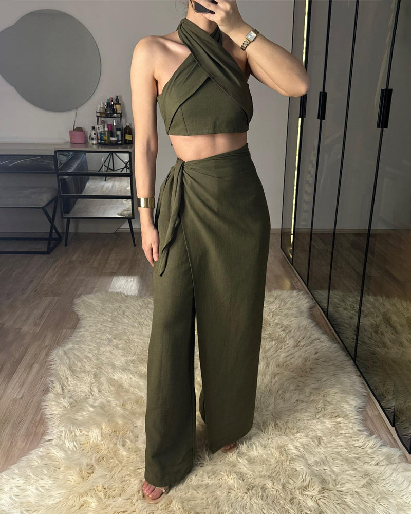 Fashion Lace-Up Top & Lace-Up Pants Two-Piece Set