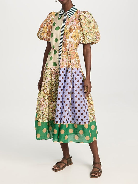 Stylish Print Puffy Sleeve Swing Dress