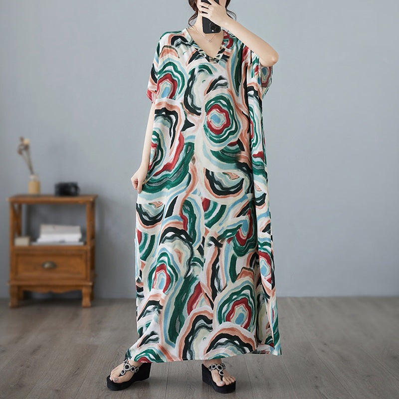 Vintage V-Neck Holiday Style Loose Printed Dress