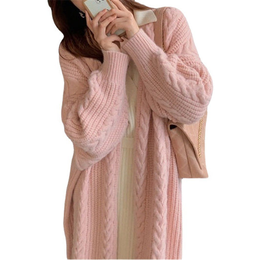 Autumn 2025 New Cross-Border Long Knitted Cardigan Long-Sleeved Lazy Style Twist Sweater Outer Jacket for Women