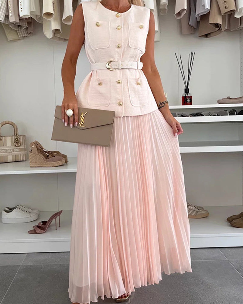 Small Chanel Vest Mesh Pleated Skirt Set
