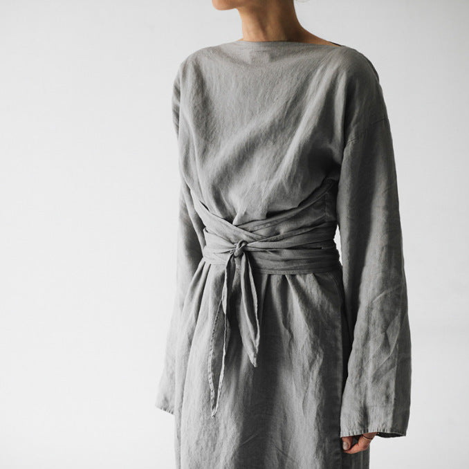Minimalist Cotton Linen Long Sleeve Lace-up Maxi Dress