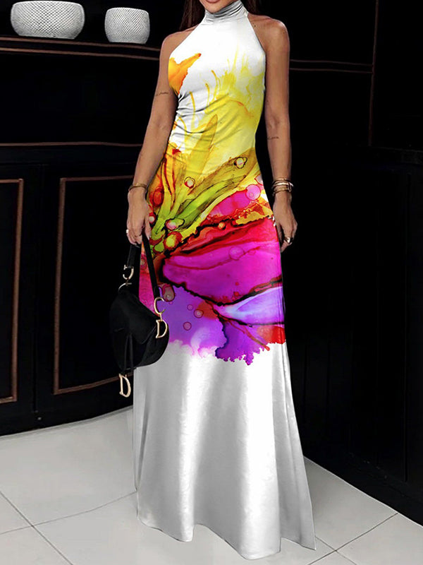 Skinny Sleeveless Flower Print High Neck Maxi Dresses