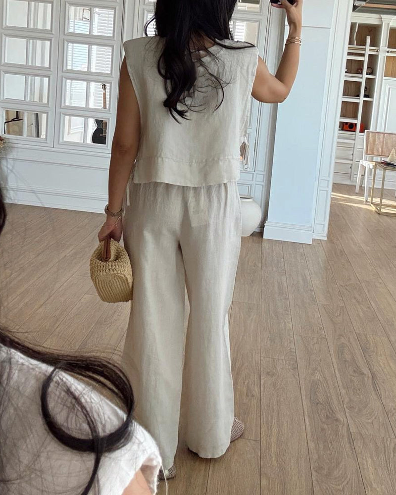 Casual Round Neck Lace-Up Sleeveless Top & Pants Two-Piece Set