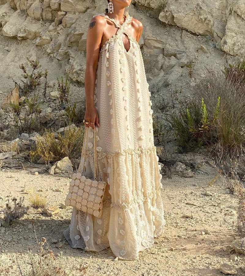 Fashion Hanging Neck Decorative Flowers Mopping Cake Dress