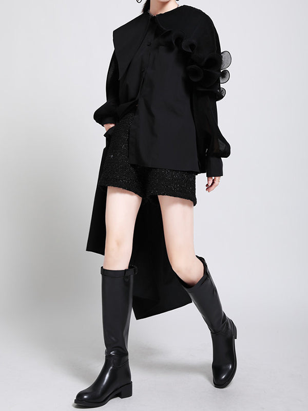 Long Sleeves Loose Asymmetric Pleated Solid Color Split-Joint Falbala Lapel Blouses&Shirts Tops