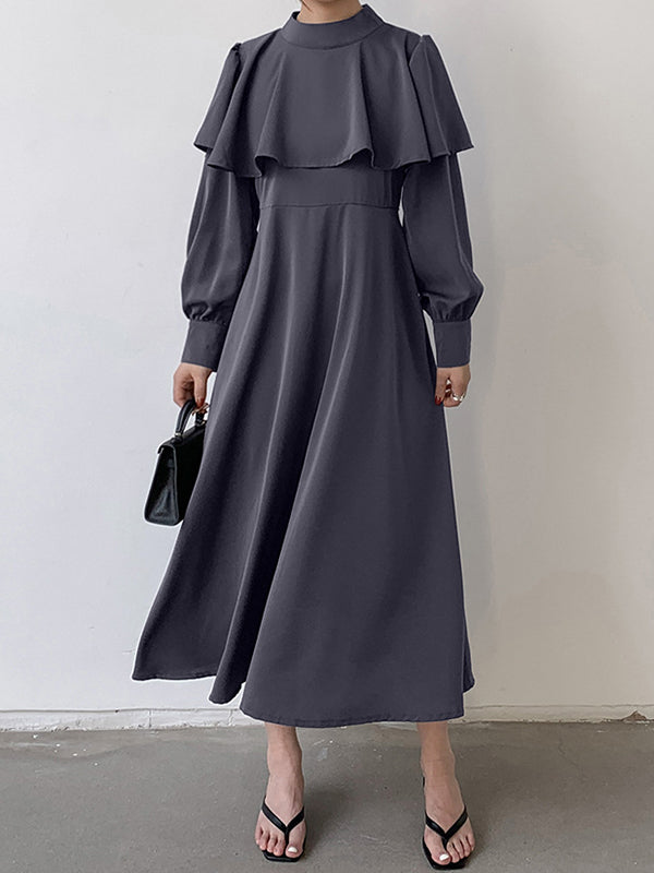 A-Line Long Sleeves Ruffle Trim Solid Color Tied Waist Mock Neck Midi Dresses