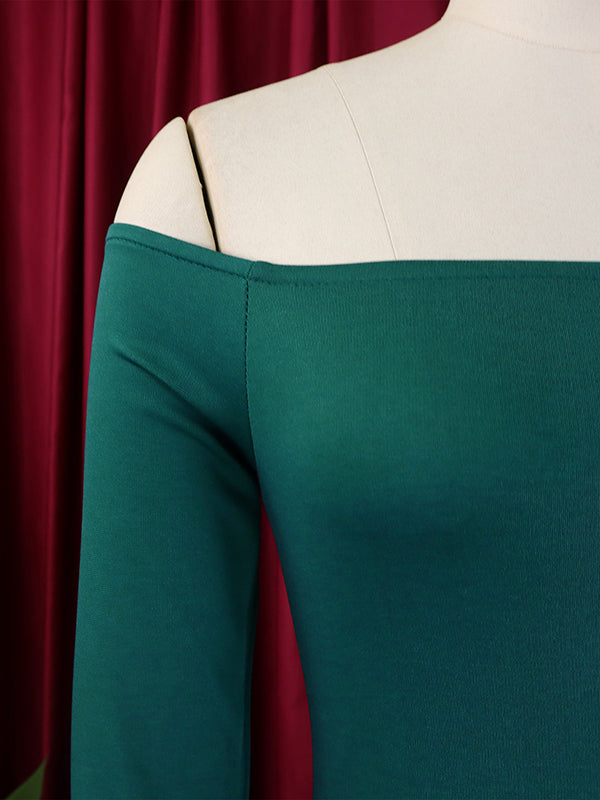 Bodycon Flared Sleeves Falbala Solid Color Split-side Off-the-shoulder Maxi Dresses