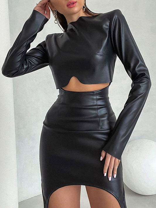Solid Color Split-Joint Round-Neck T-Shirt Top + Zipper Bodycon High Waisted Skirts Bottom Two Pieces Set
