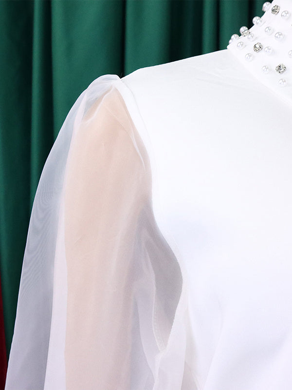 Puff Sleeves Beads Mesh Solid Color Split-Joint Round-neck Midi Dresses