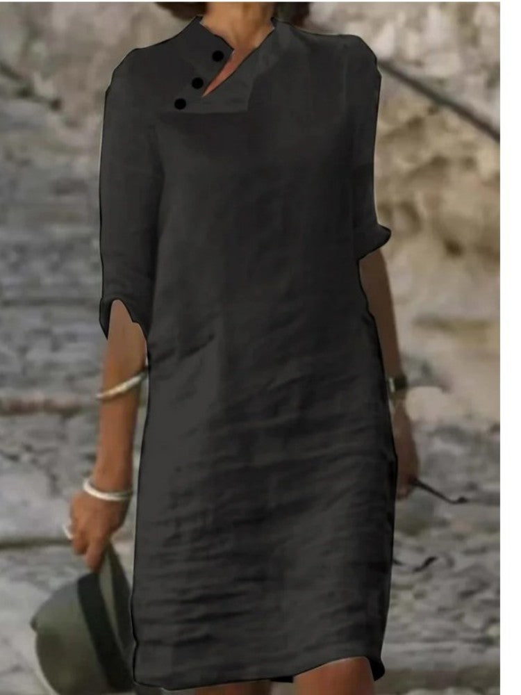 Solid Color Button Half Sleeve Midi Dress