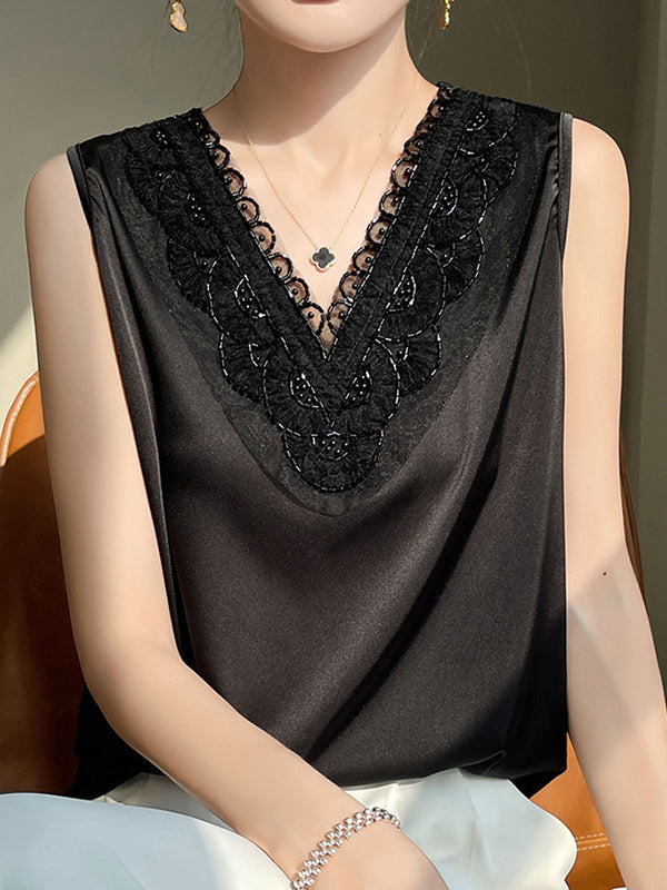 Loose Plus Size Beaded Split-Joint V-Neck Vest Top