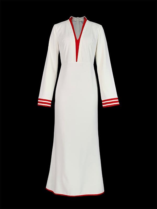 Bodycon Long Sleeves Contrast Color Elasticity Pleated Split-Joint Deep V-Neck Maxi Dresses