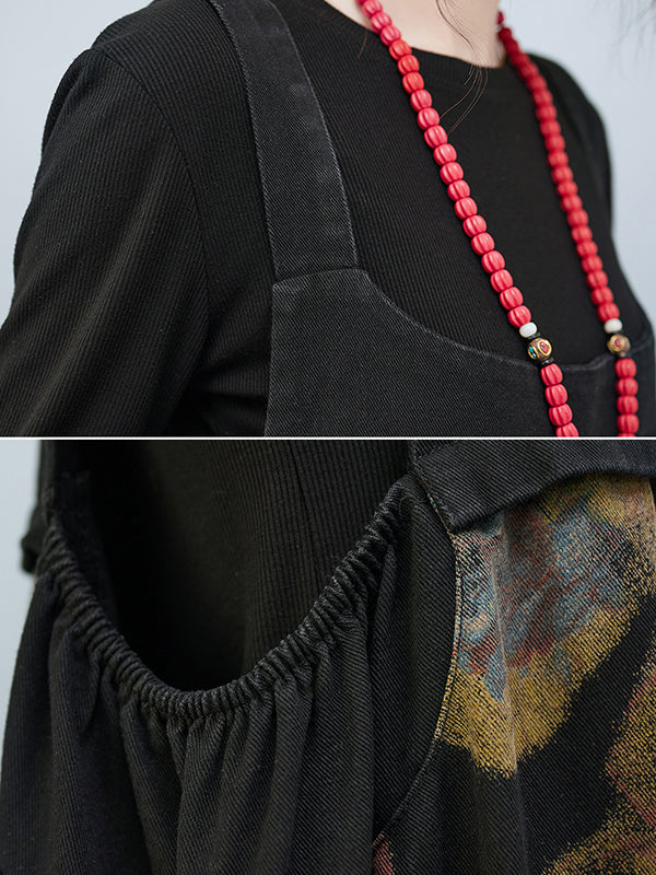 Artistic Retro Vintage Loose Floral Printed Square-Neck Sleeveless Overalls