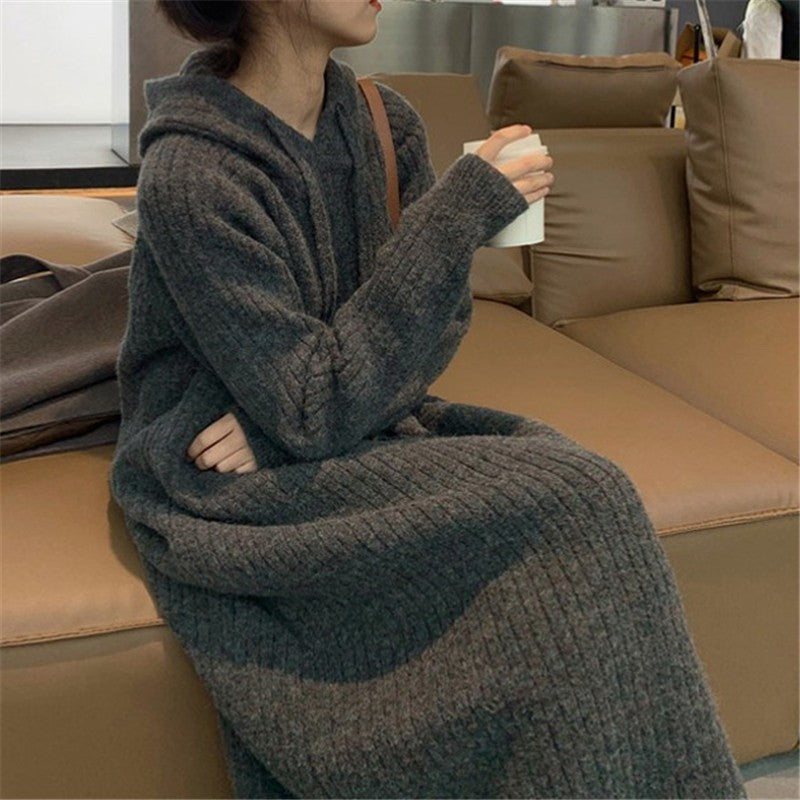 Simple Solid Color Hooded Sweater Dress