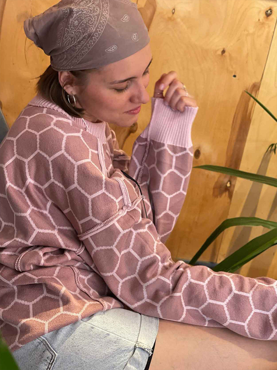 Round neck honey sweater autumn and winter loose plaid pullover round neck knitted women's top