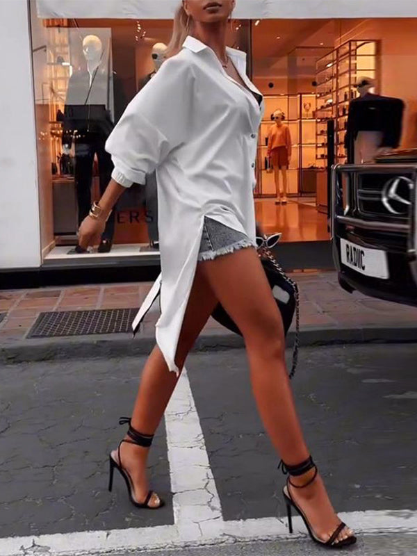 High-Low Long Sleeves Buttoned Solid Color Zipper Lapel Blouses&Shirts Tops