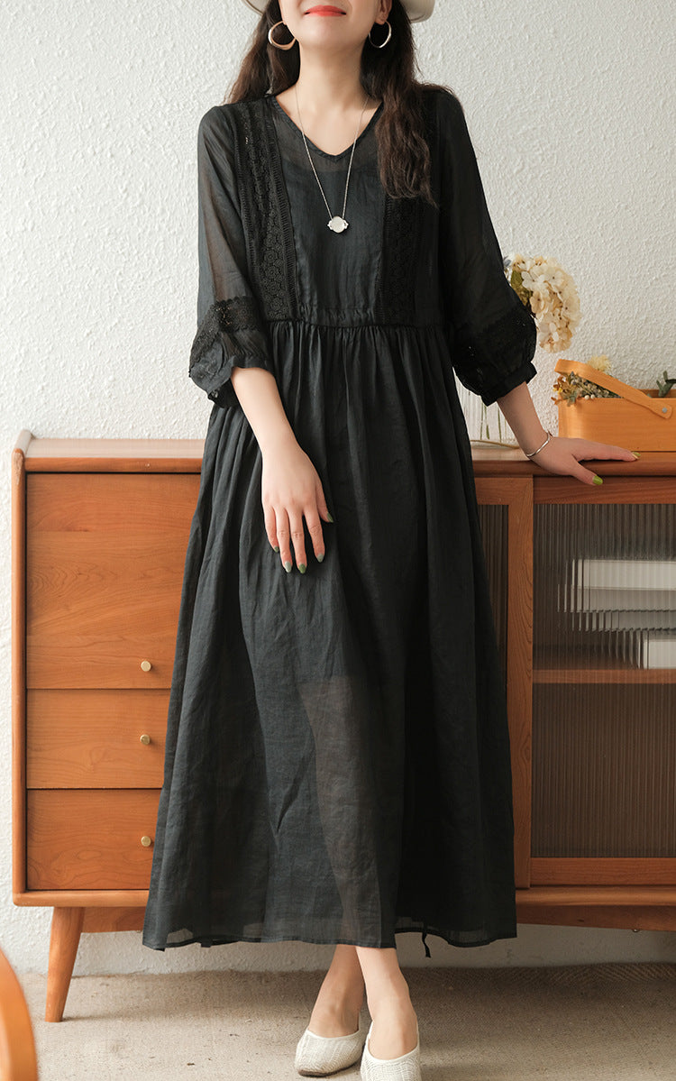 Literary Simple Seven-quarter Sleeve Lace-up Maxi Dress