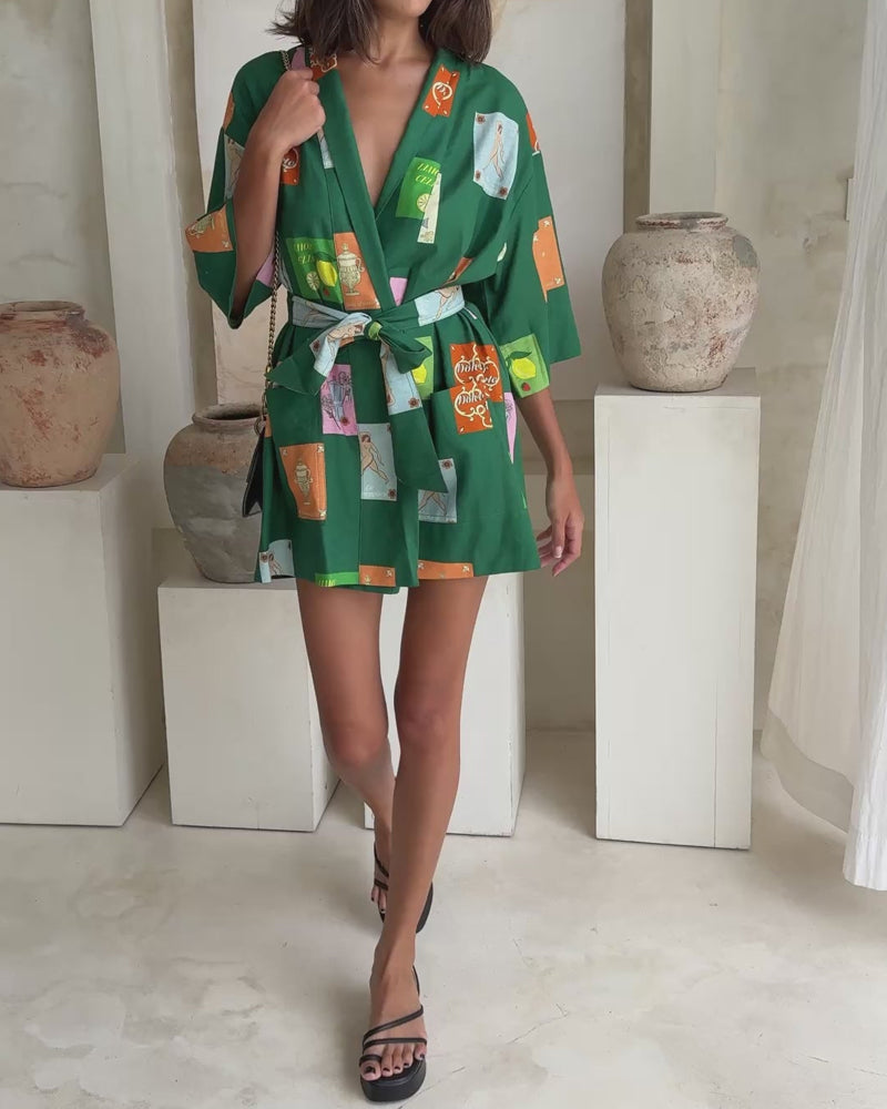 Vacation V-Neck Lace-Up Mini Dress