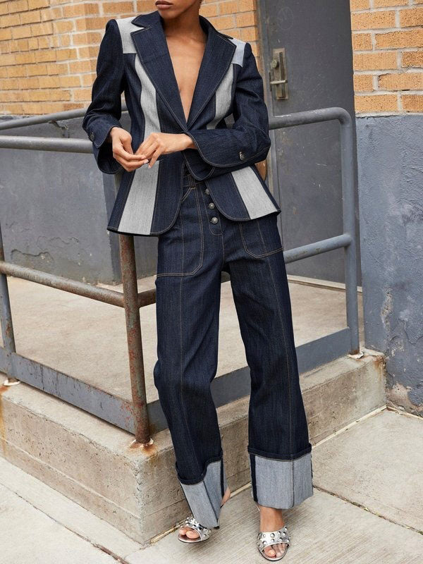 Long Sleeves Loose Contrast Color Split-Joint Deep V-Neck Jackets Outerwear