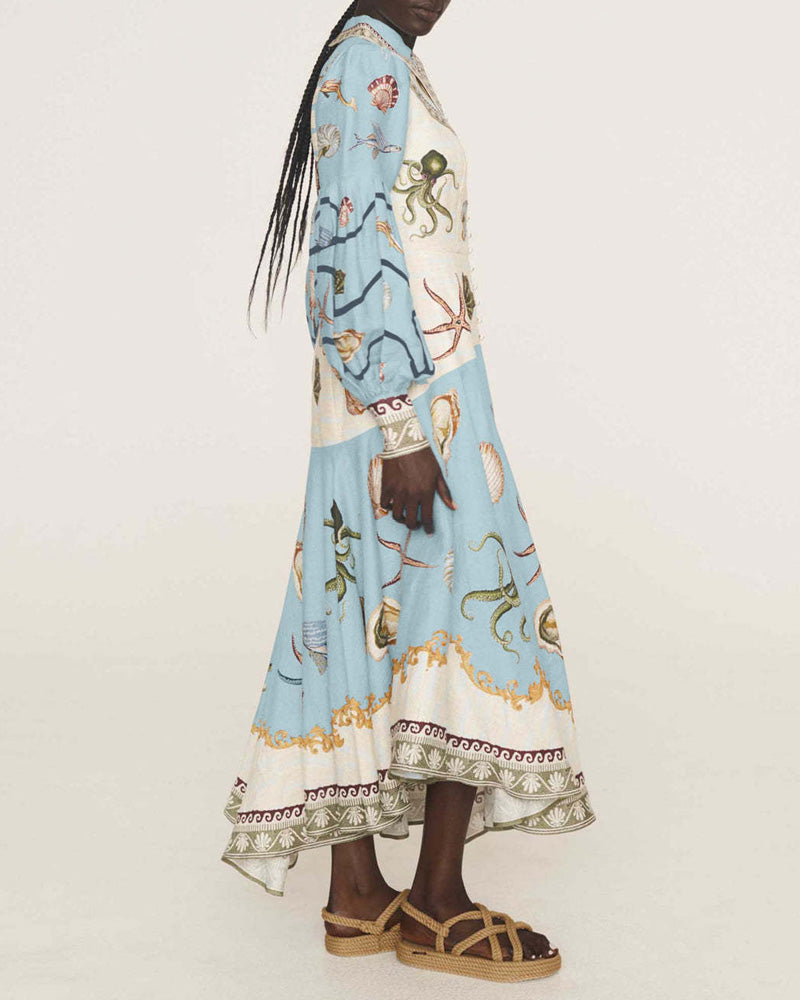 Summer Printed Doll Collar Cardigan Dress