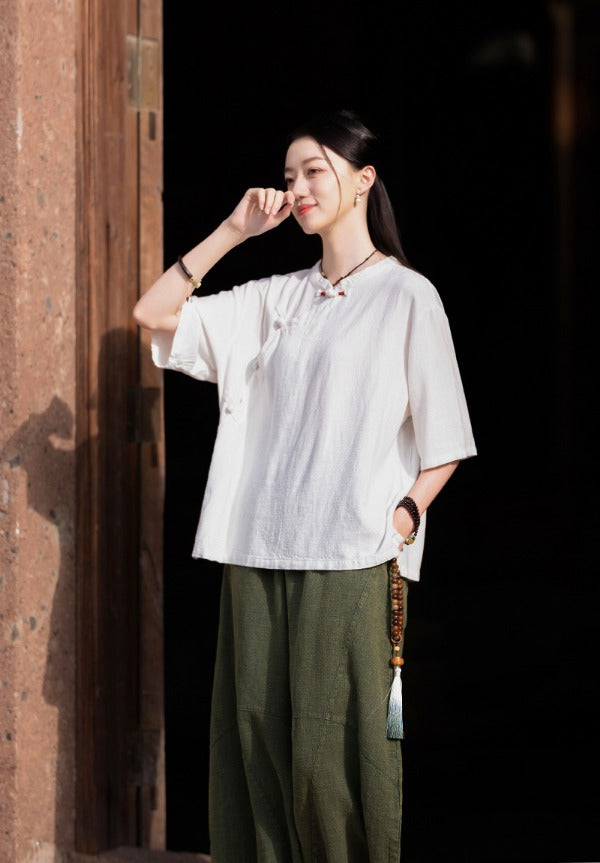 Vintage Stand Collar Short Sleeve Linen Shirt