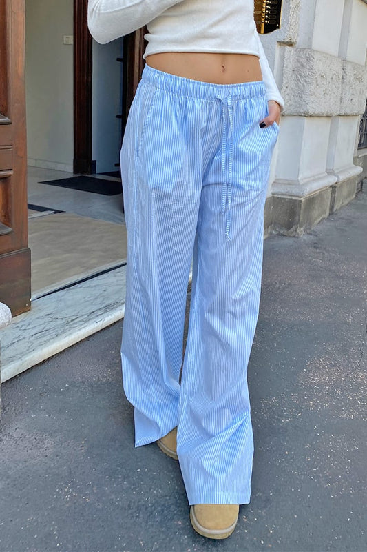 Striped Cotton And Linen Print Drawstring High Waist Straight Casual Pants (Buy 2 Free Shipping)