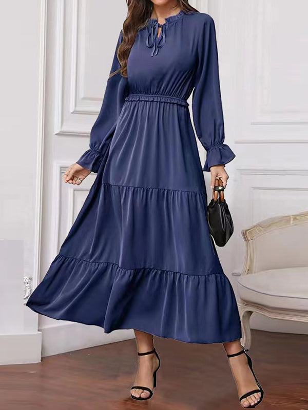 A-Line High Waisted Pleated Solid Color Split-Joint Tied Round-Neck Maxi Dresses