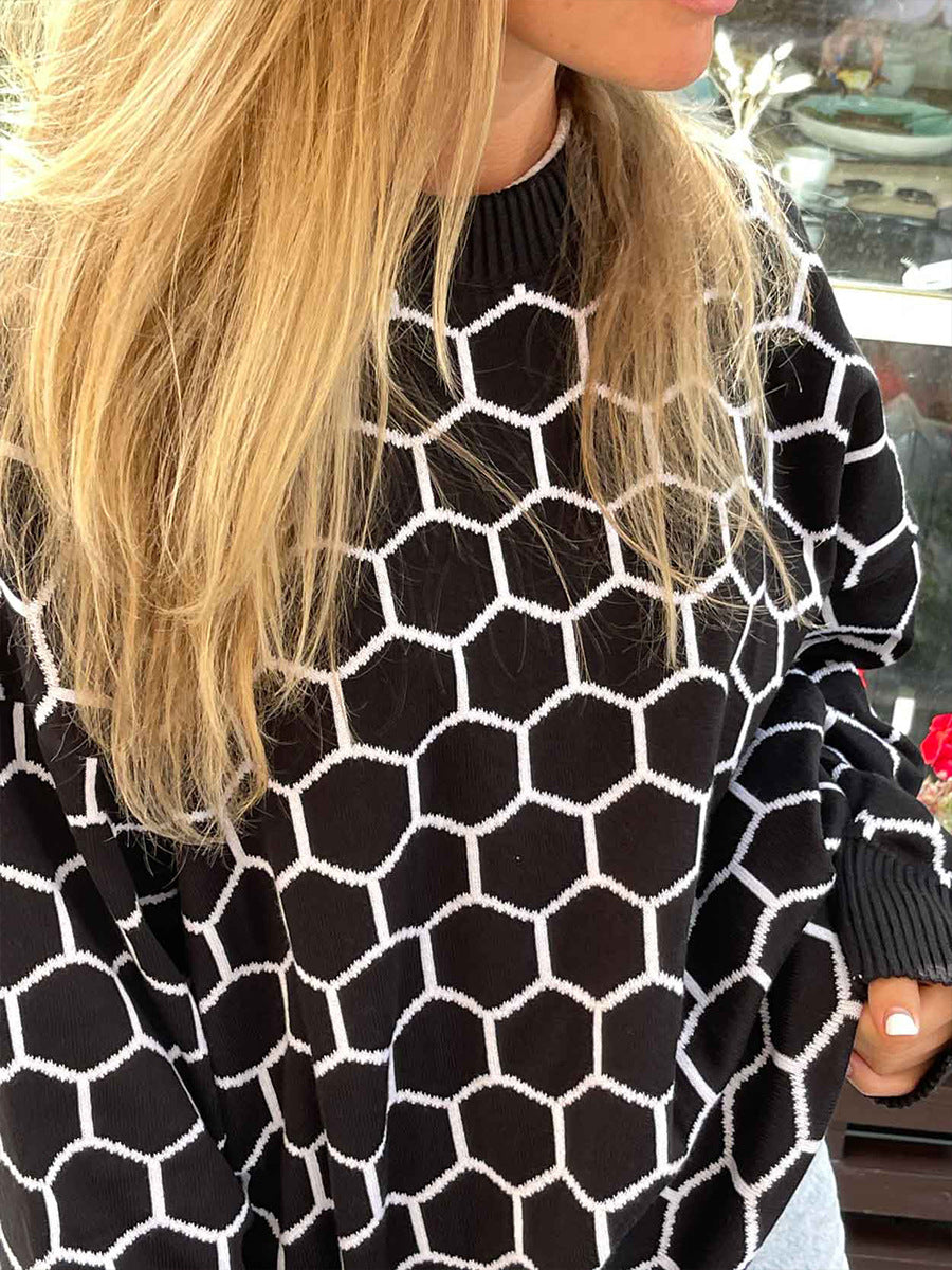 Round neck honey sweater autumn and winter loose plaid pullover round neck knitted women's top