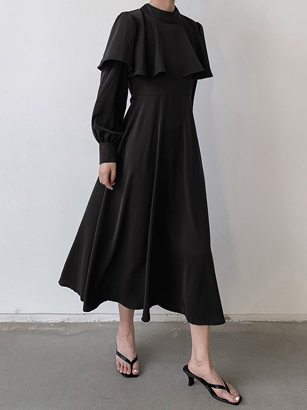 A-Line Long Sleeves Ruffle Trim Solid Color Tied Waist Mock Neck Midi Dresses