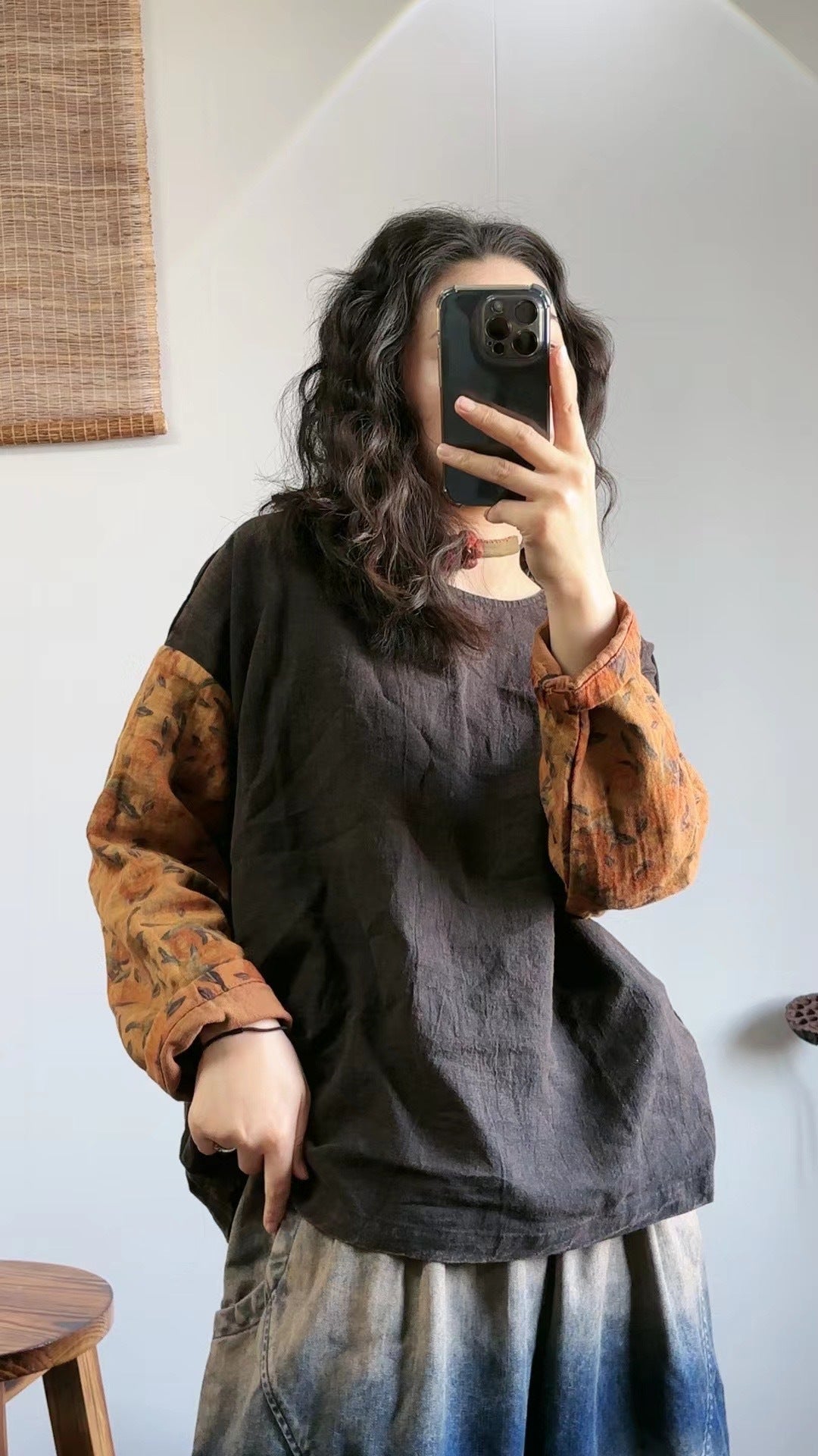 Literary Vintage Splicing Printed Round Neck T-shirt