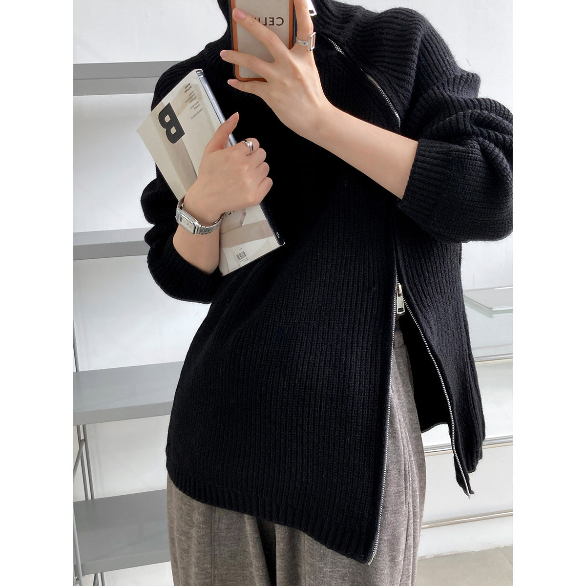 Casual Solid Color Zipper Turtleneck Knit Sweater