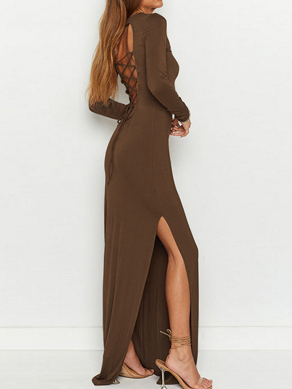 Bodycon Long Sleeves Backless Hollow Solid Color Split-Side Round-Neck Maxi Dresses