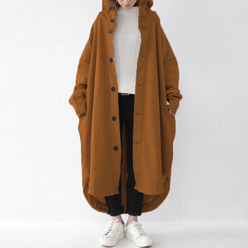 Loose Solid Color Buttoned Hooded Windbreaker Coat