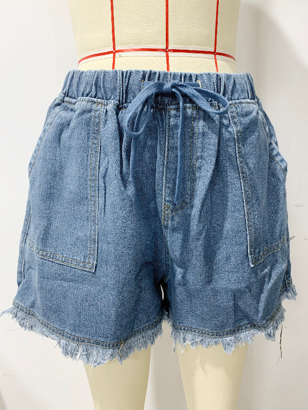10 Colors Casual Drawstring High Waisted Denim Fringed Shorts