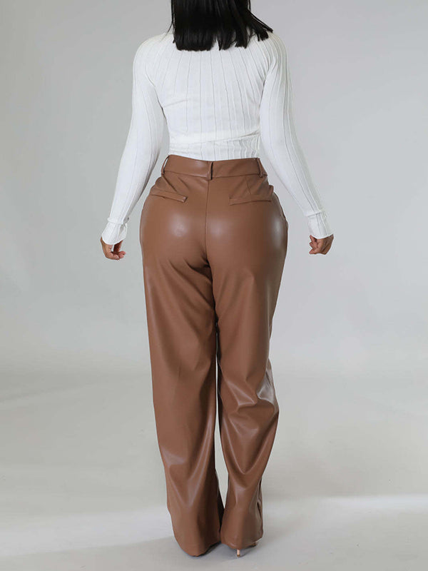 High Waisted Loose Pleated Solid Color Split-Joint Pants Trousers