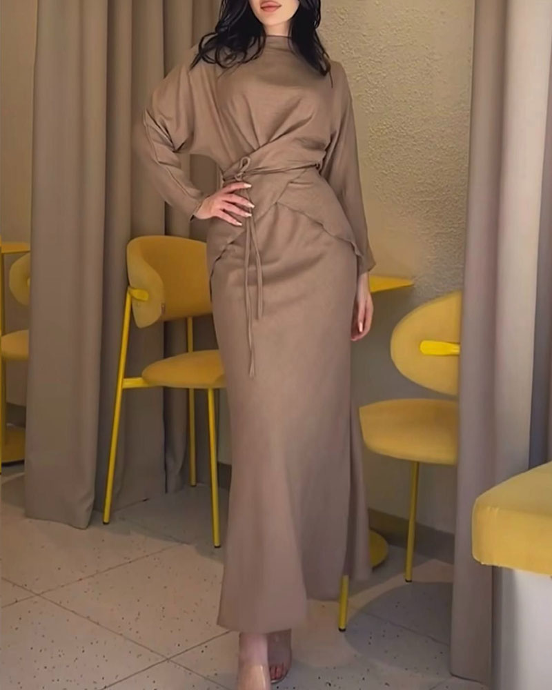 Elegant Long-Sleeve Lace-Up Top & Skirt Two-Piece Set