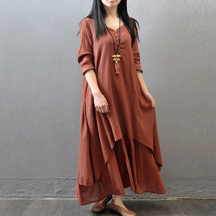 Literary Linen Fake Two Piece Long Sleeve Dress