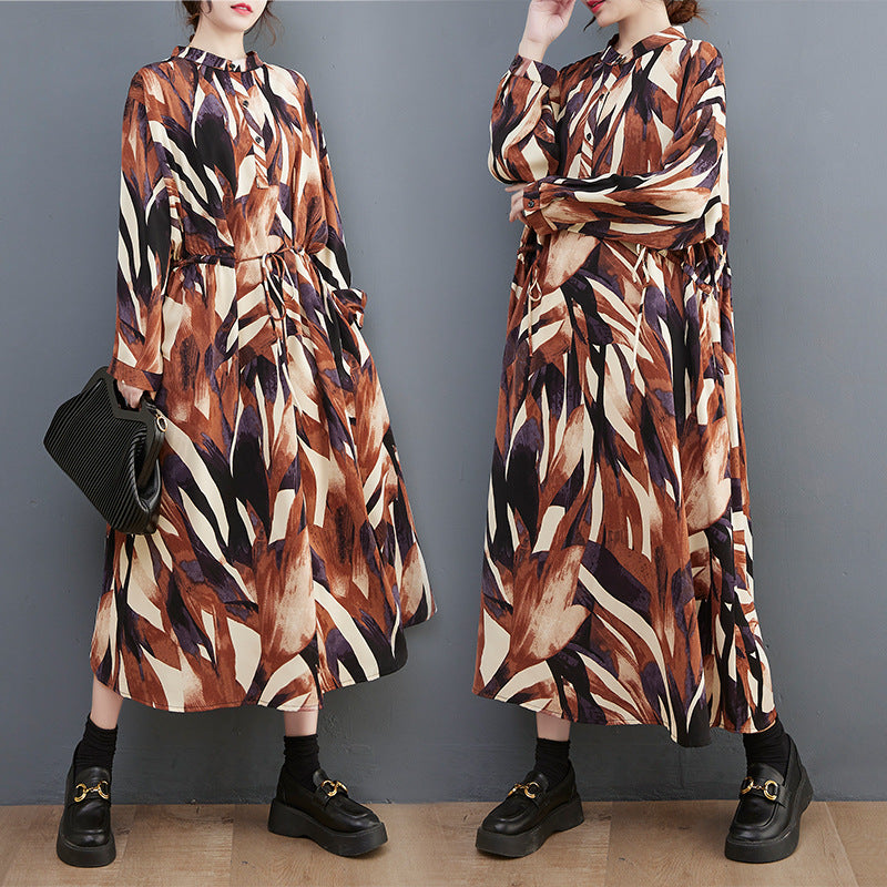 Casual Print Stand Collar Long Sleeve Midi Dress