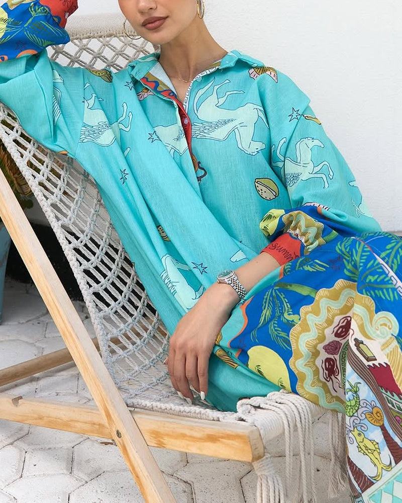 Holiday Loose Long Sleeve Printed Shirt Dress