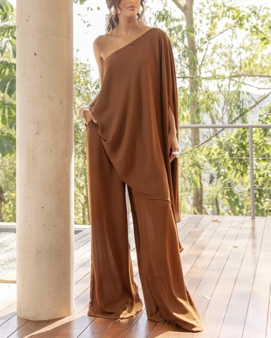Fashionable Slant Shoulder Loose Top & Pants Two-piece Set
