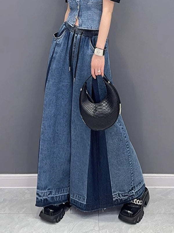 Loose Wide Leg Contrast Color Drawstring Fringed Pockets Jean Pants Bottoms