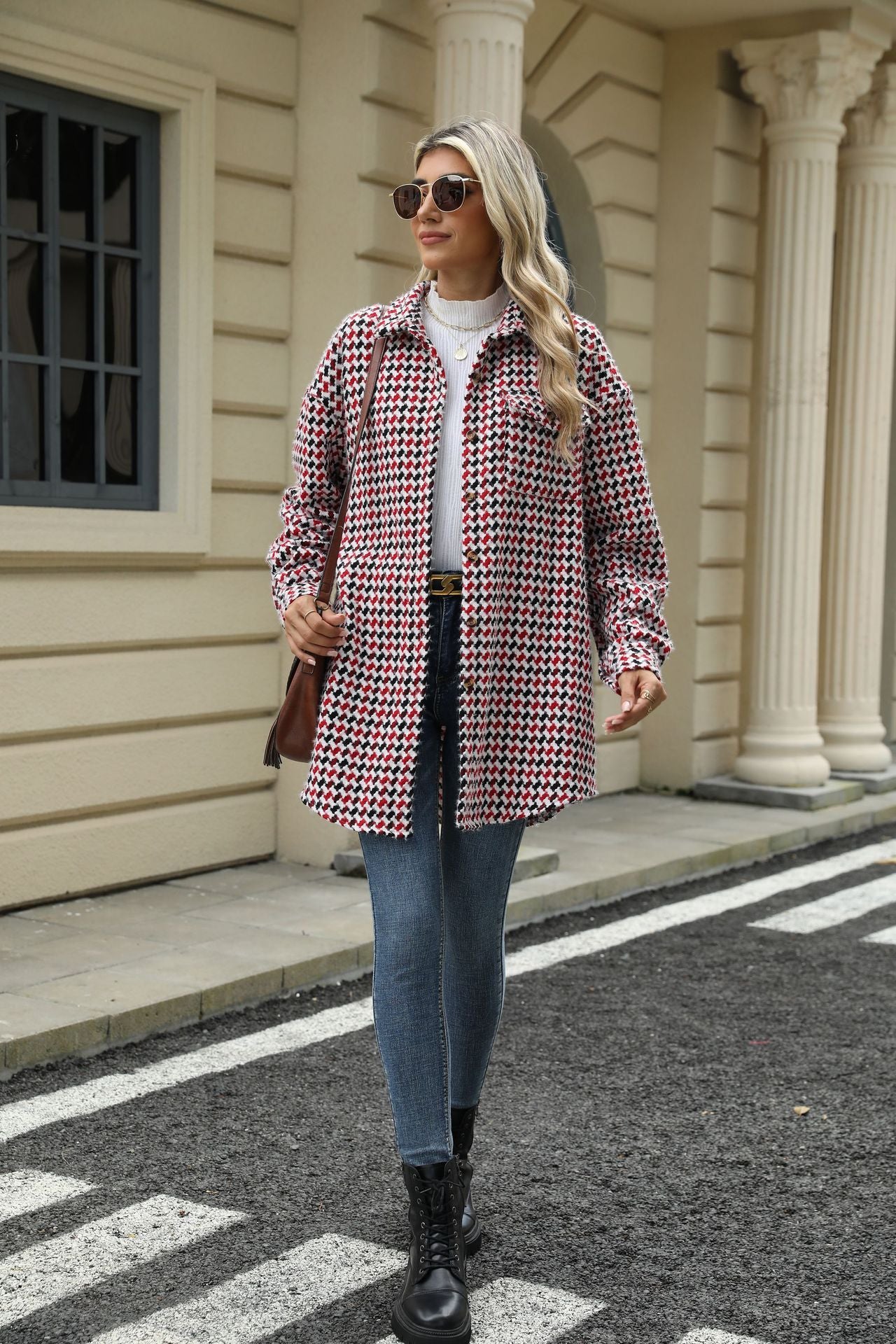 Autumn and Winter houndstooth polo collar top mid-length woolen coat for women