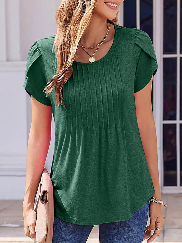 Loose Short Sleeves Pleated Solid Color Round-Neck T-Shirts Tops