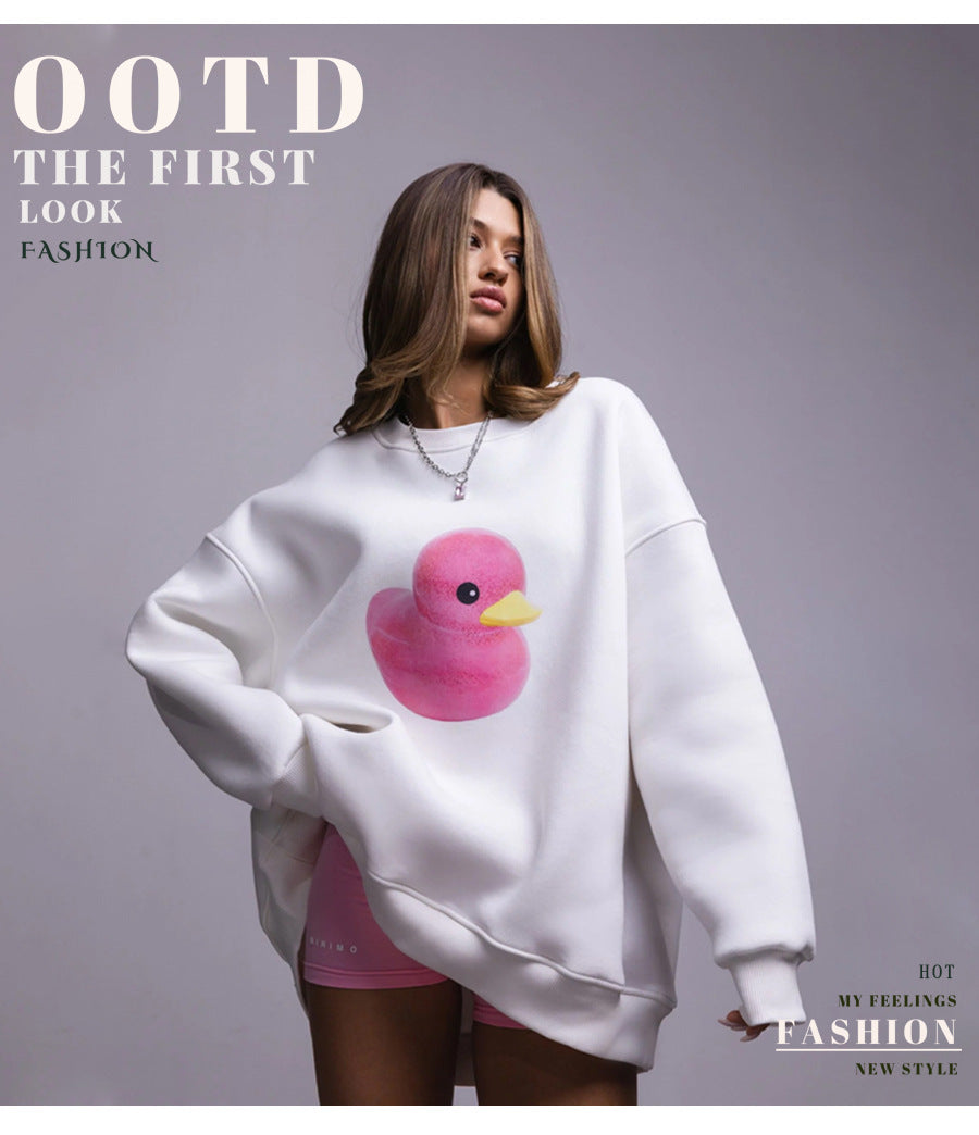 Duck pattern round neck sweater women's simple casual loose printed sweater