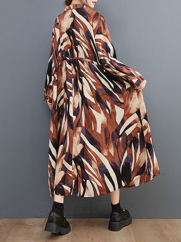 Casual Print Stand Collar Long Sleeve Midi Dress