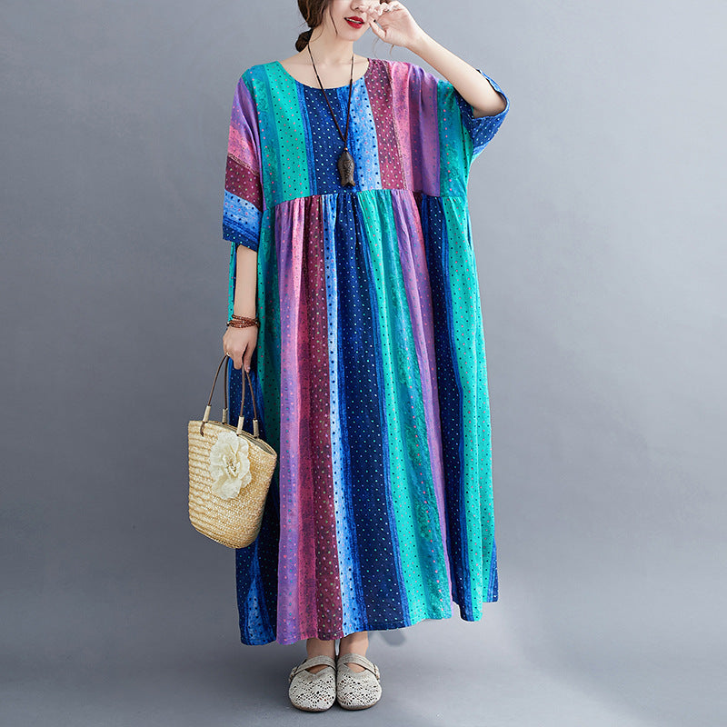 Special Colorful Splicing Round Neck Midi Dress