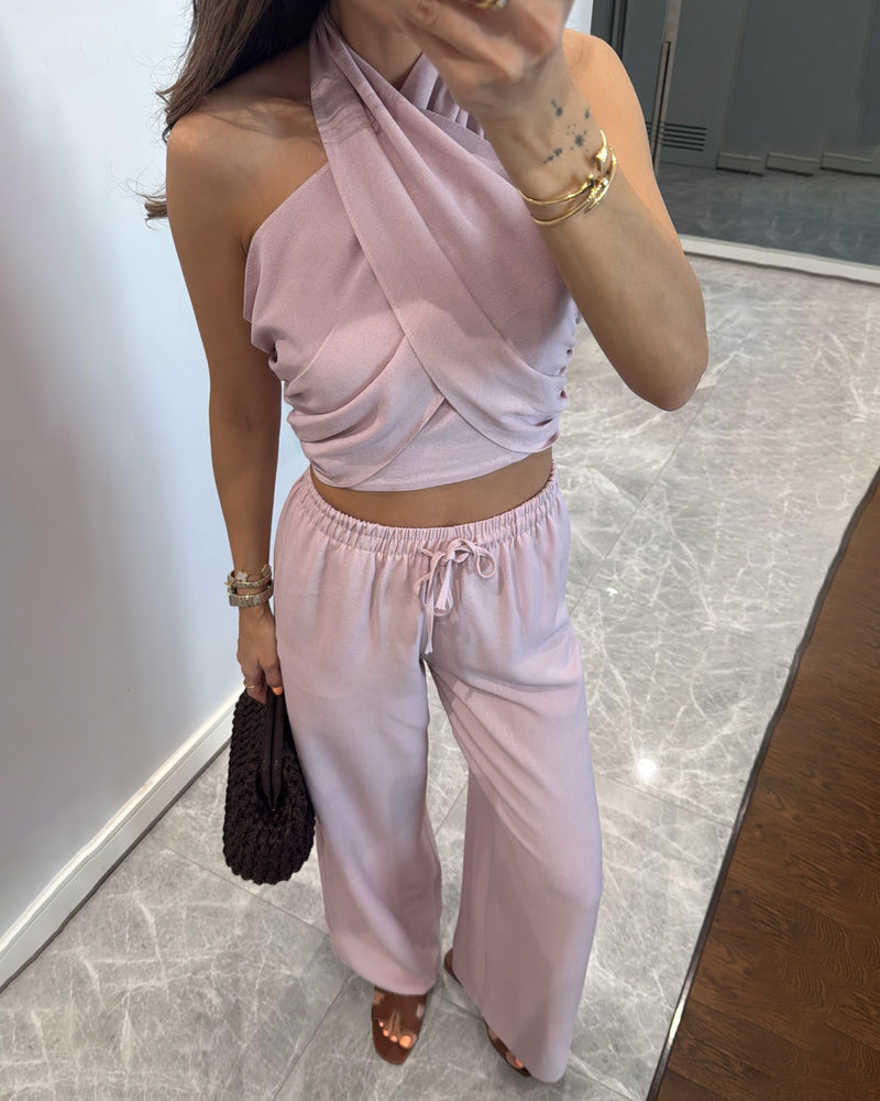 Casual Solid Color Lace-Up Top & Pants Two-Piece Set