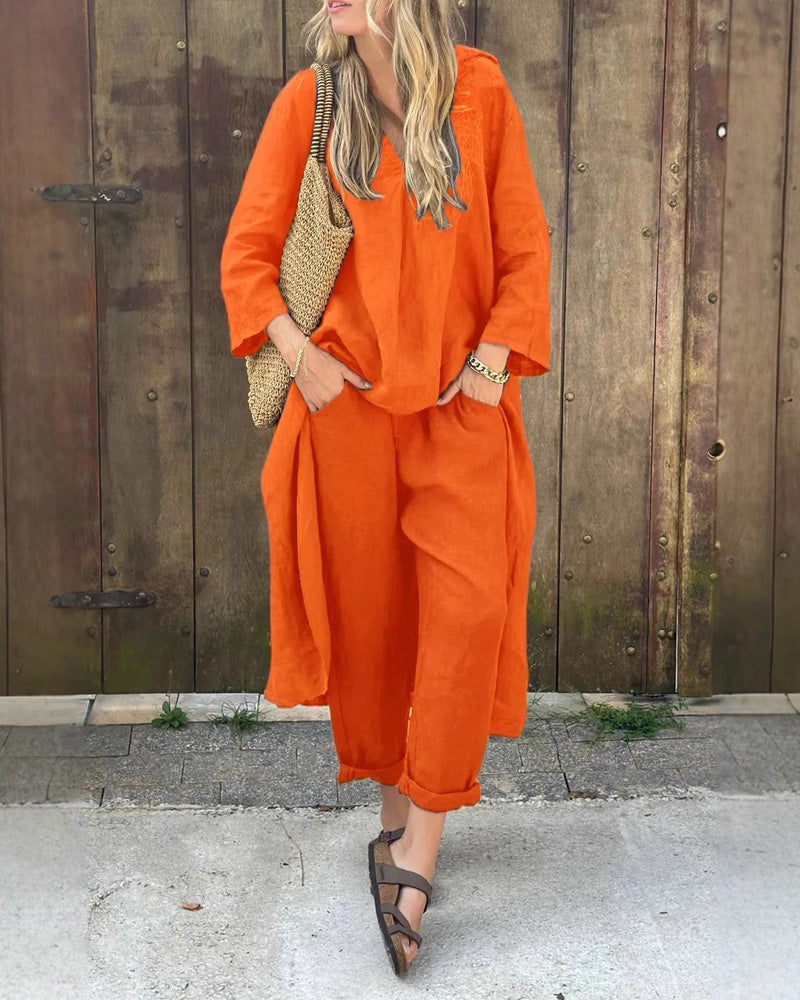 Solid Color Irregular Length Top & Pants Two-Piece Set