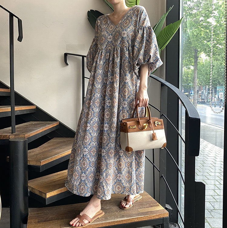 Ethnic Style Floral V-Neck Lantern Sleeve Midi Dress